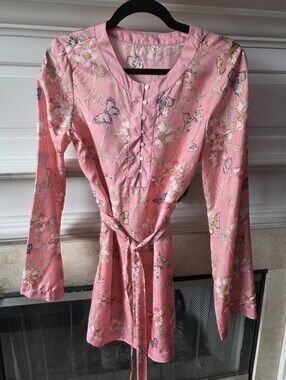 Lucky Brand 100% Silk Butterfly Floral Tunic Top Pink Boho Size S
